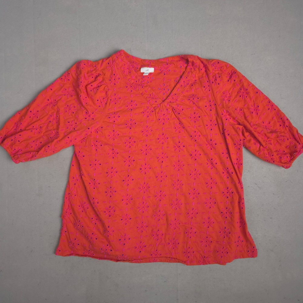 J. Jill Womens XL Orange‎ Pink Floral Eyelet Embroidery V-Neck Puff Sleeve Top